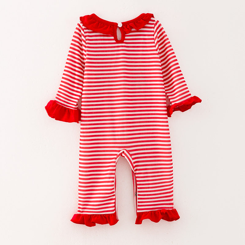 (In Stock)Baby Girls Christmas Embroidery Red Stripe Romper