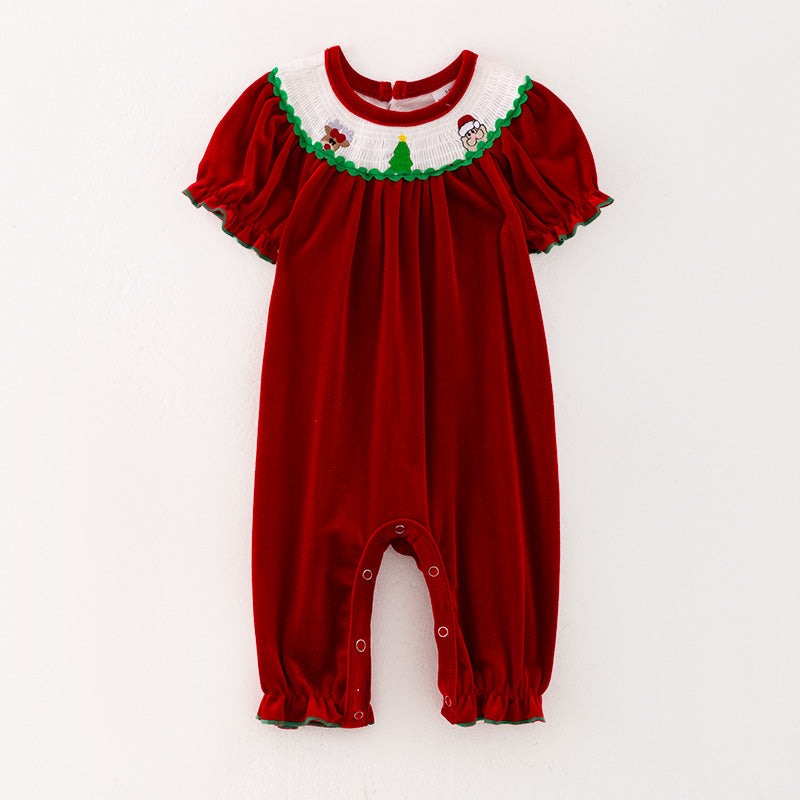 (In Stock E27-2-1)Baby Girls Christmas Embroidery Red Velvet Smocked Romper
