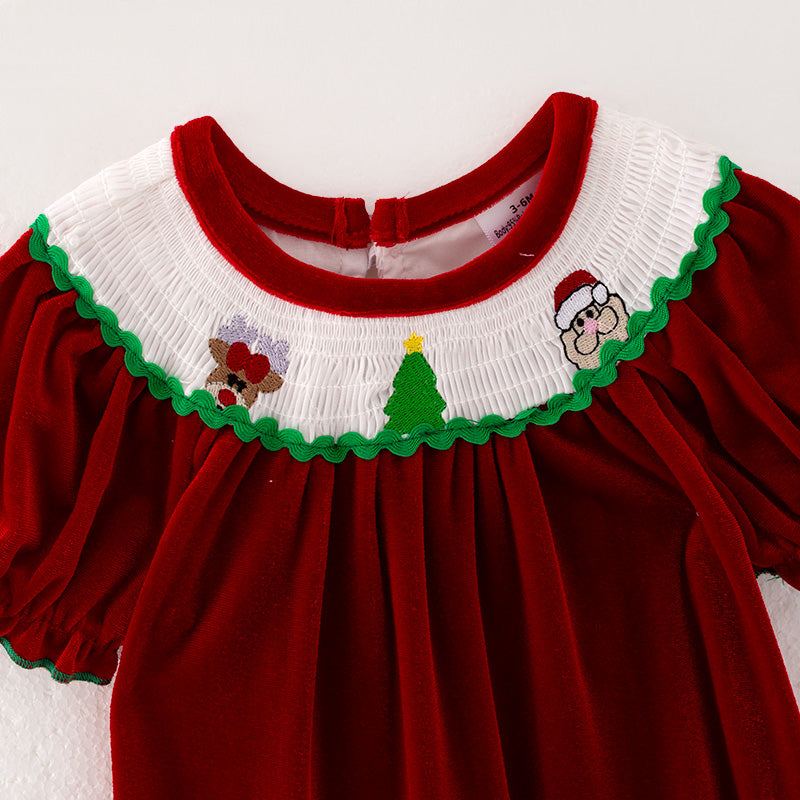 (In Stock E27-2-1)Baby Girls Christmas Embroidery Red Velvet Smocked Romper