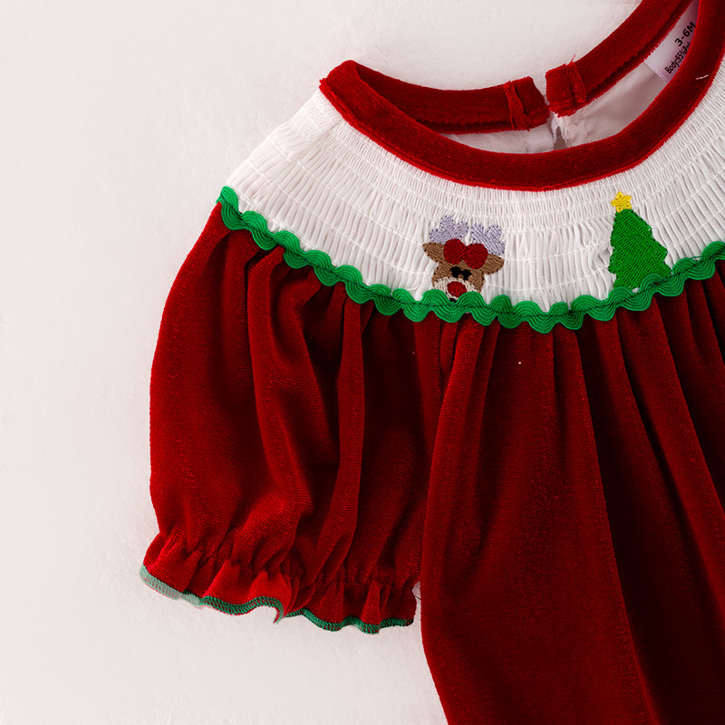 (In Stock E27-2-1)Baby Girls Christmas Embroidery Red Velvet Smocked Romper