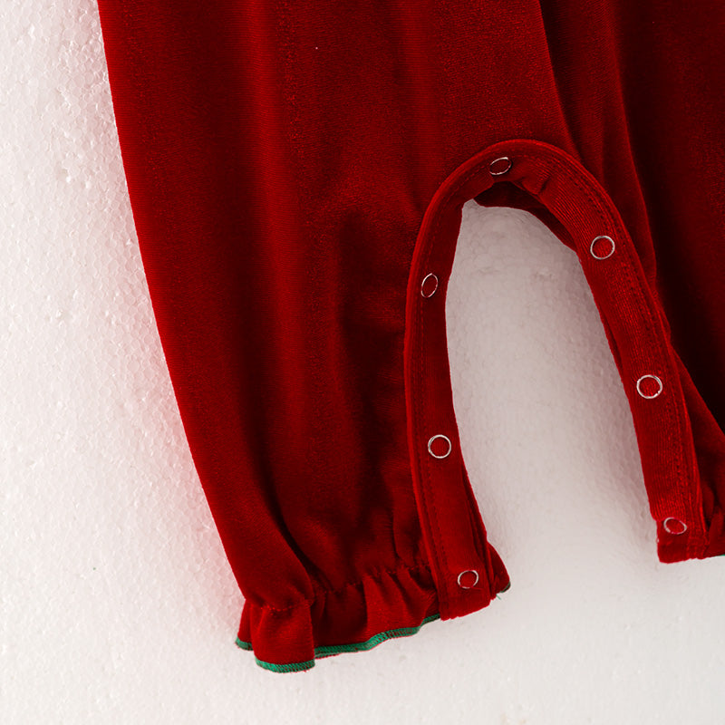 (In Stock E27-2-1)Baby Girls Christmas Embroidery Red Velvet Smocked Romper
