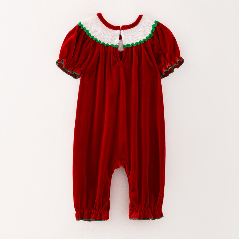 (In Stock E27-2-1)Baby Girls Christmas Embroidery Red Velvet Smocked Romper