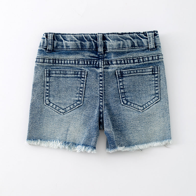 (In Stock)Girls Spring and Summer Bow Sequin Denim Shorts