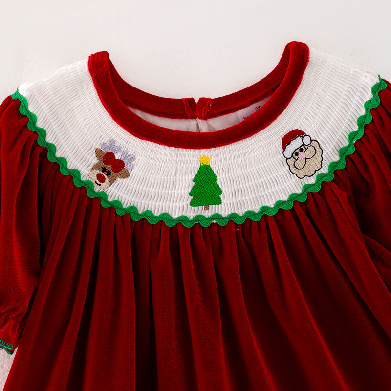 (In Stock E25-1-3)Girls Christmas Embroidery Red Velvet Smocked Dress