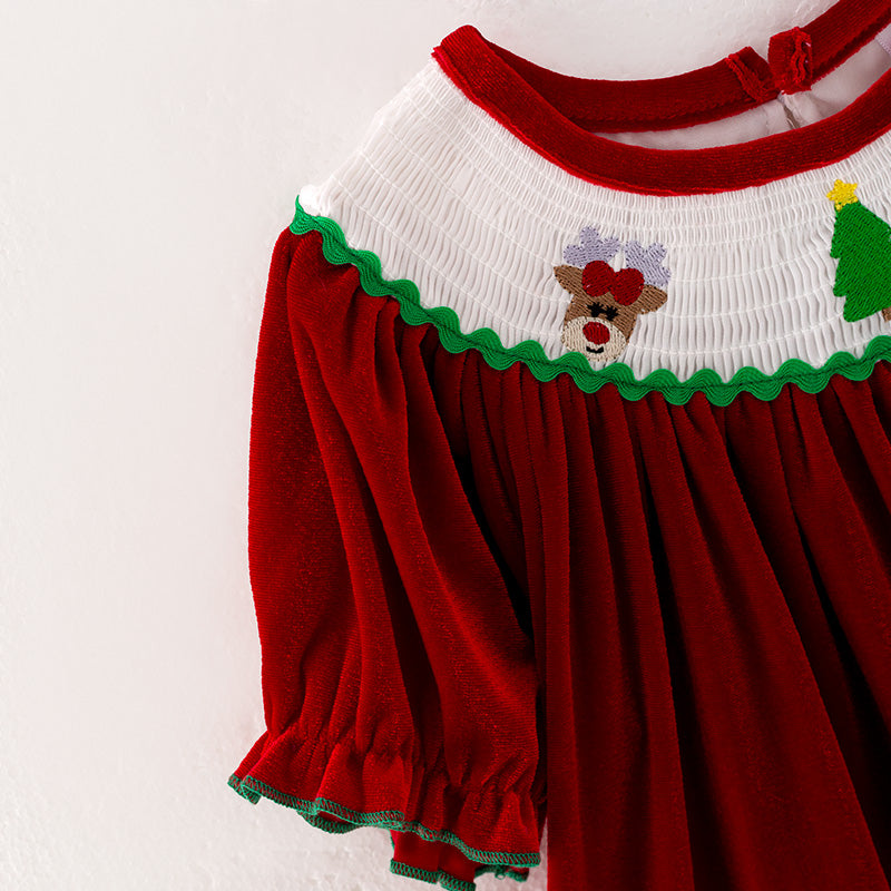 (In Stock E25-1-3)Girls Christmas Embroidery Red Velvet Smocked Dress