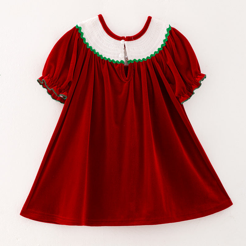 (In Stock E25-1-3)Girls Christmas Embroidery Red Velvet Smocked Dress