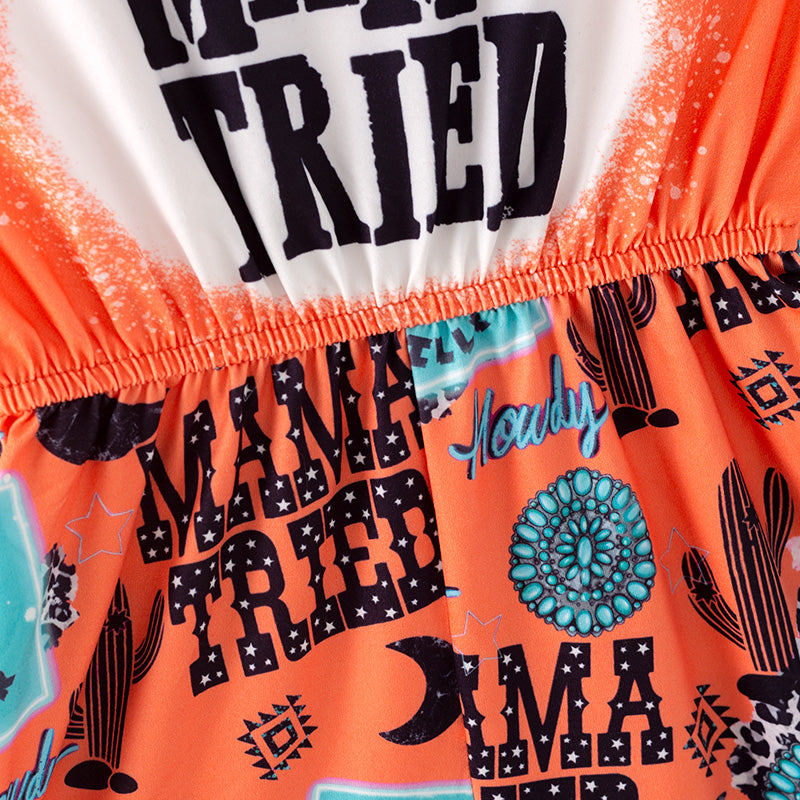 (In Stock)Girls Spring and Summer Orange MAMA TRIED Print Jumpsuit