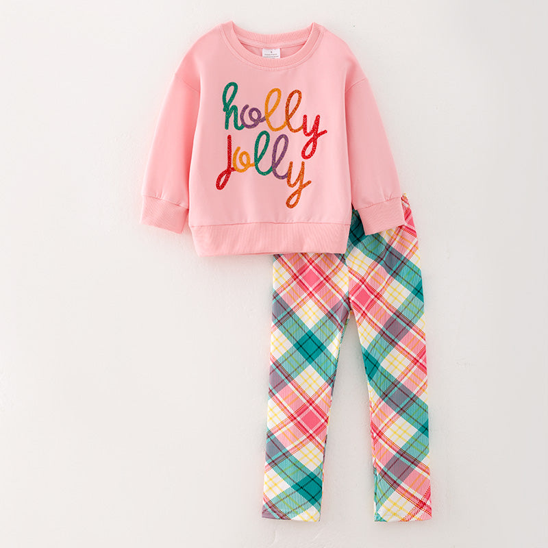 (In Stock E31-4-1)Girls Christmas HOLLY JOLLY Embroidery Outfit Set