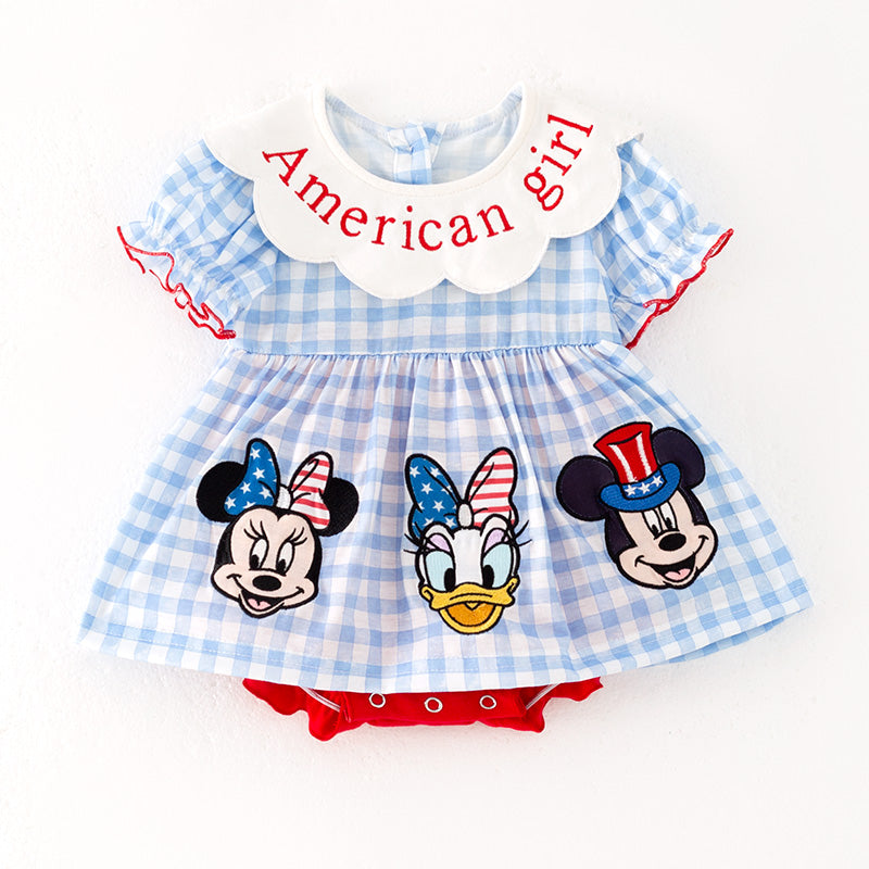 (In Stock)Toddler Girls Patriotic Cartoon Applique American Girl Embroidery Bloomer Set