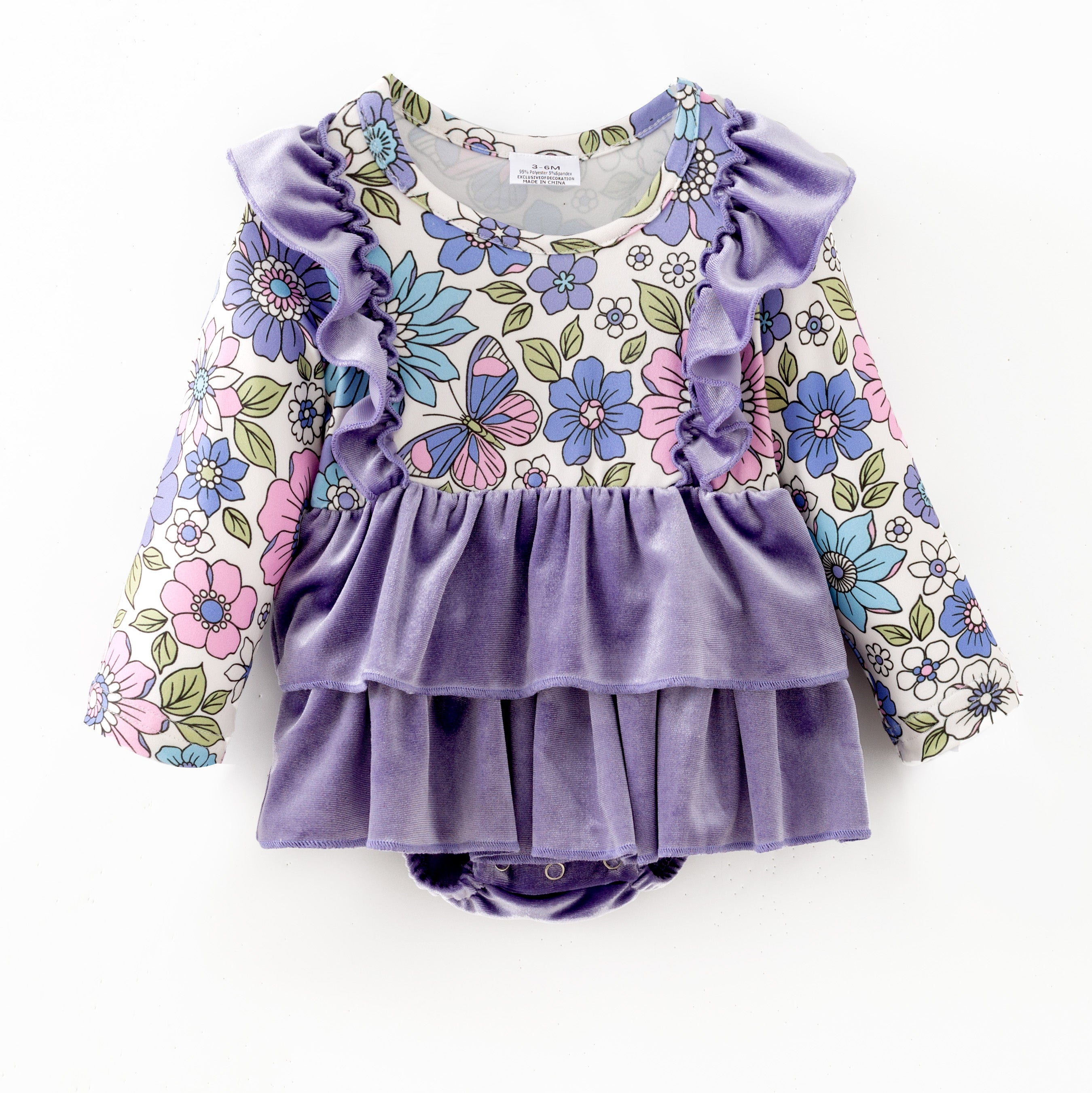 (In Stock)Toddler Girls Spring Lavender Velvet Floral Print Romper