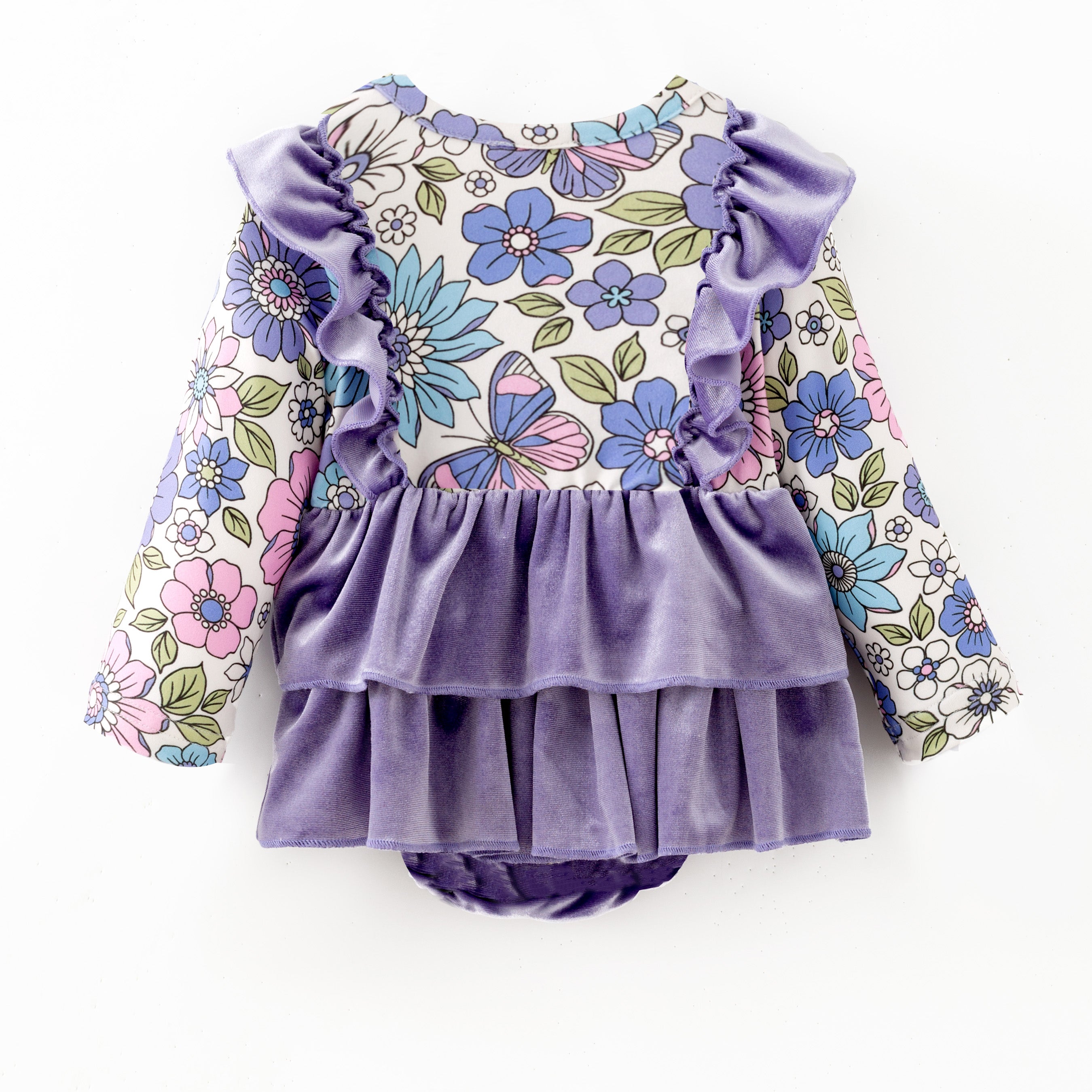 (In Stock)Toddler Girls Spring Lavender Velvet Floral Print Romper