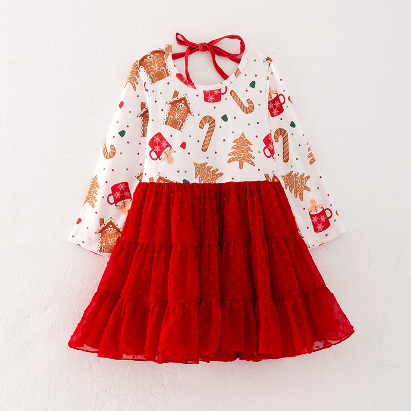 (In Stock Q5-3-2)Girls Christmas Print Swiss Dot Dress
