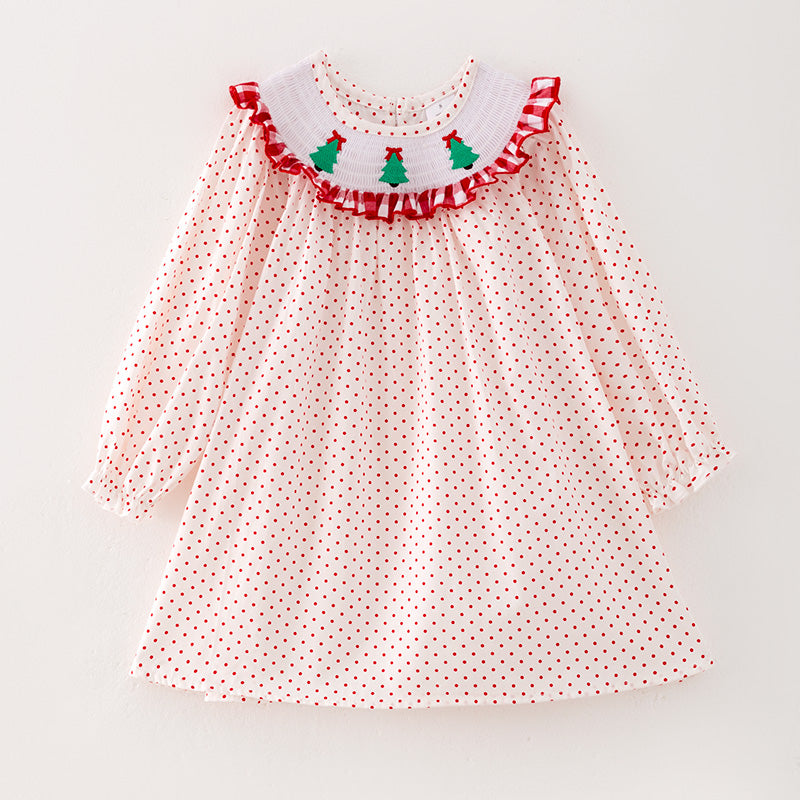 (In Stock L8-3-3)Girls Christmas Tree Embroidery Smocked Dress