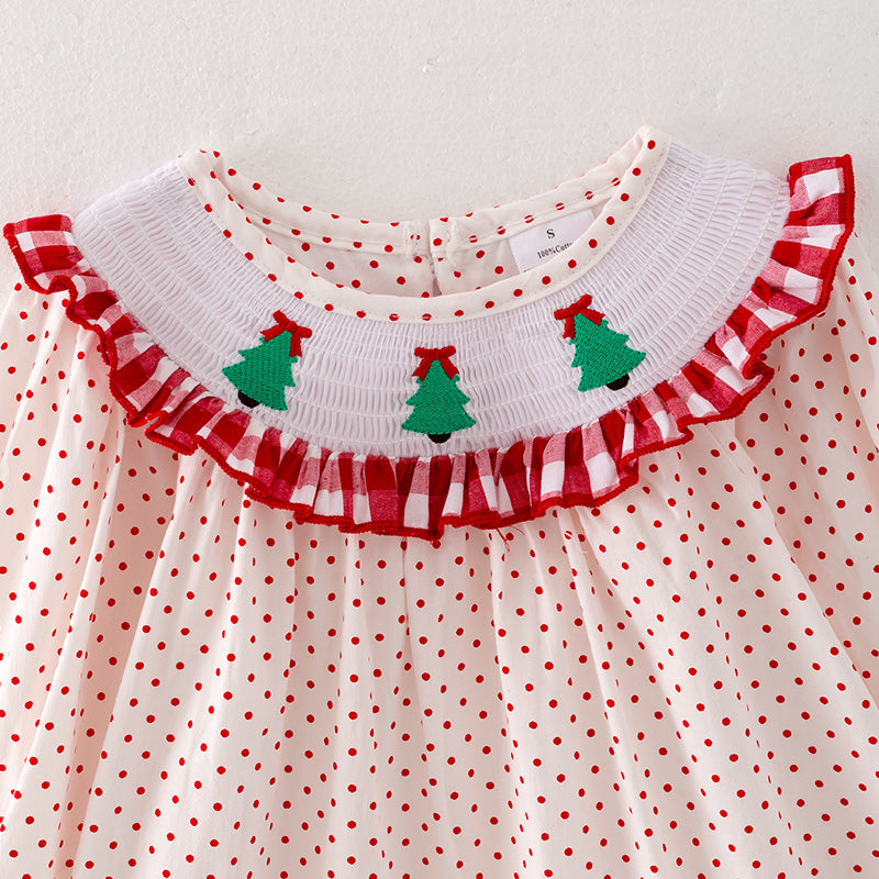 (In Stock L8-3-3)Girls Christmas Tree Embroidery Smocked Dress