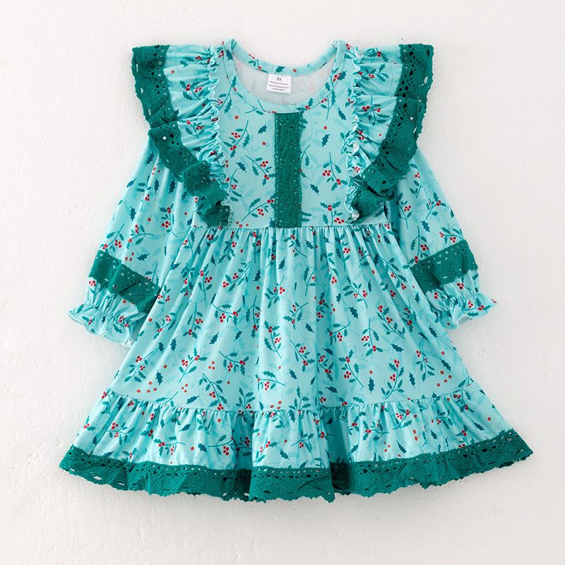 (In Stock)Girls Christmas Print Lace Ruffle Dress