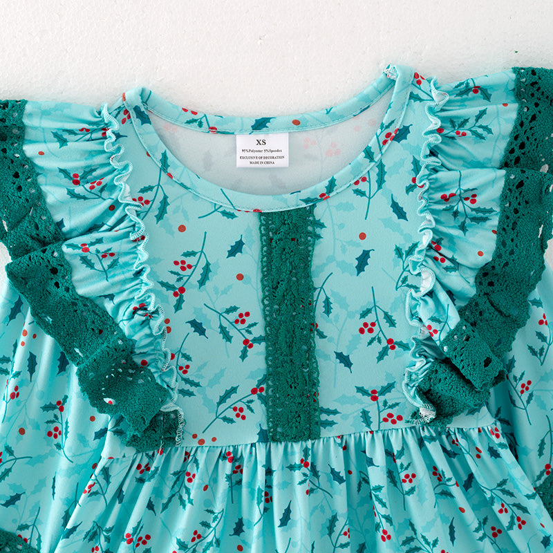 (In Stock)Girls Christmas Print Lace Ruffle Dress