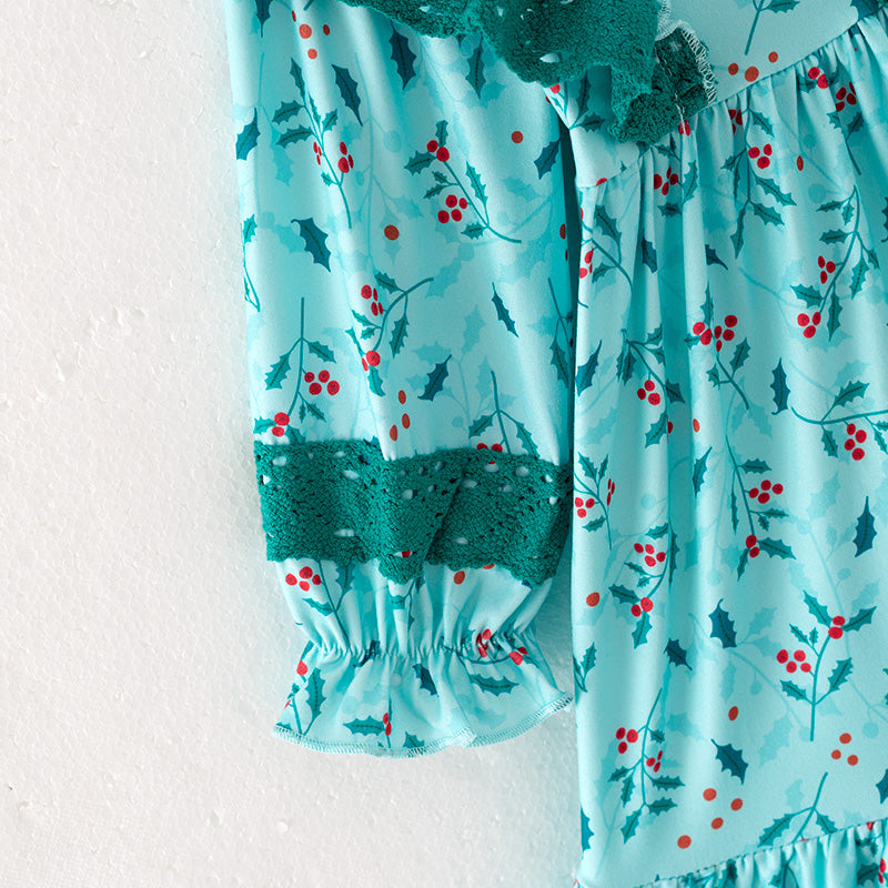 (In Stock)Girls Christmas Print Lace Ruffle Dress