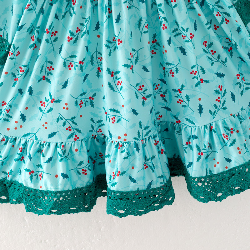 (In Stock)Girls Christmas Print Lace Ruffle Dress