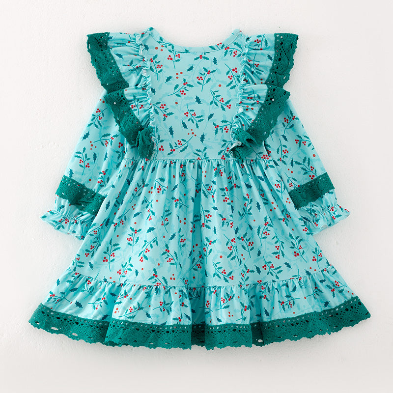 (In Stock)Girls Christmas Print Lace Ruffle Dress