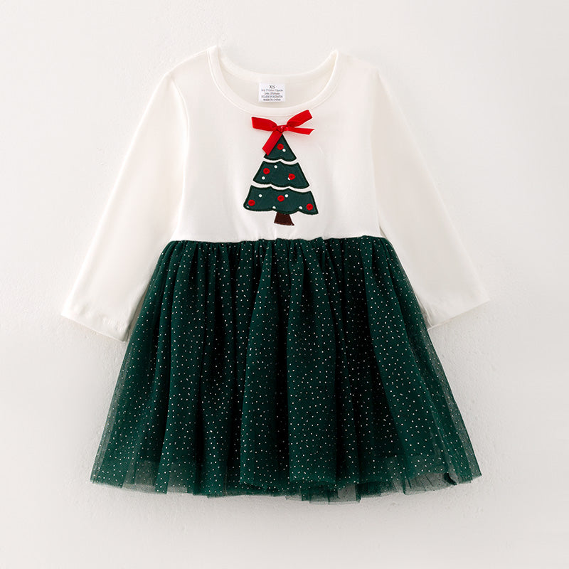 (In Stock G25-2-1)Girls Christmas Tree Applique Tulle Dress