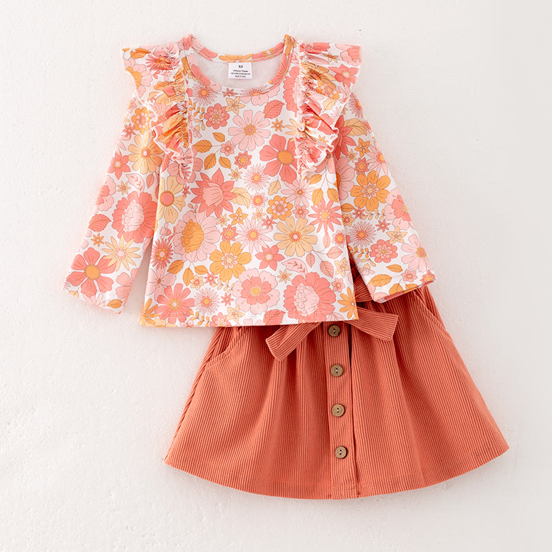 (In Stock E25-5-1)Girls Fall Floral Print Skirt Set