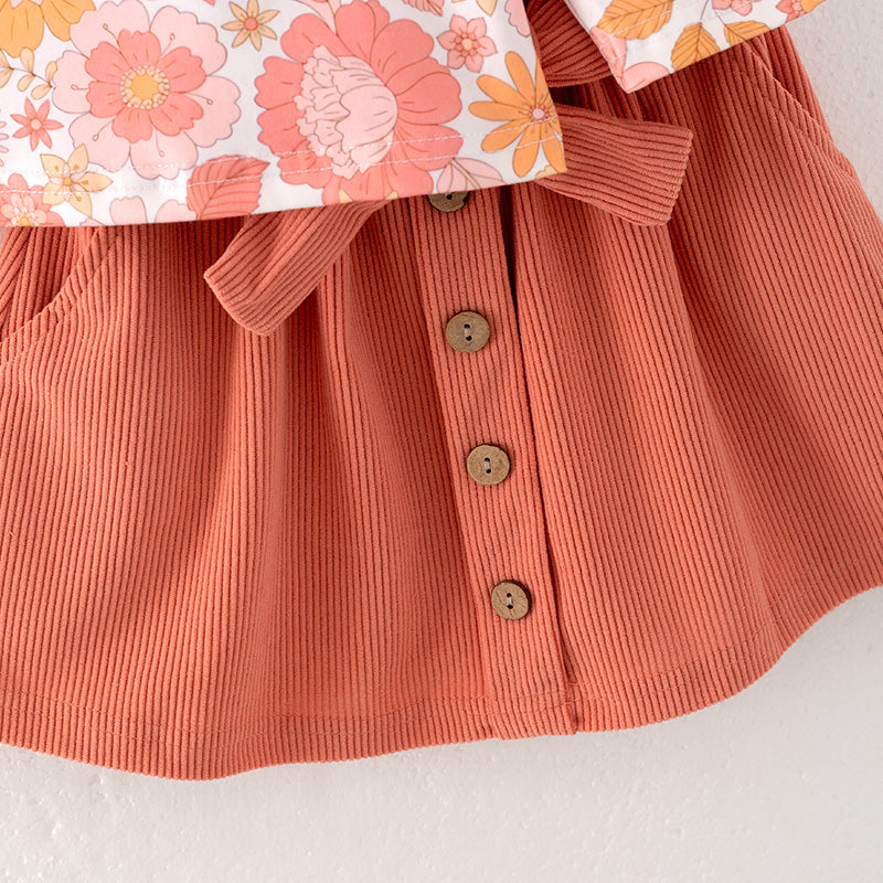 (In Stock E25-5-1)Girls Fall Floral Print Skirt Set