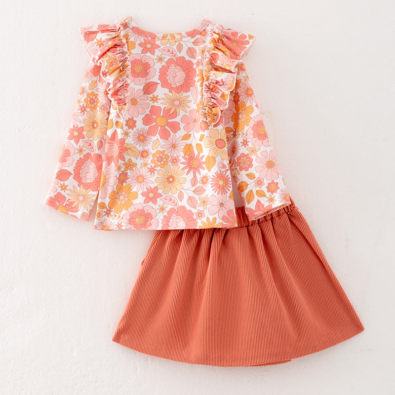 (In Stock E25-5-1)Girls Fall Floral Print Skirt Set