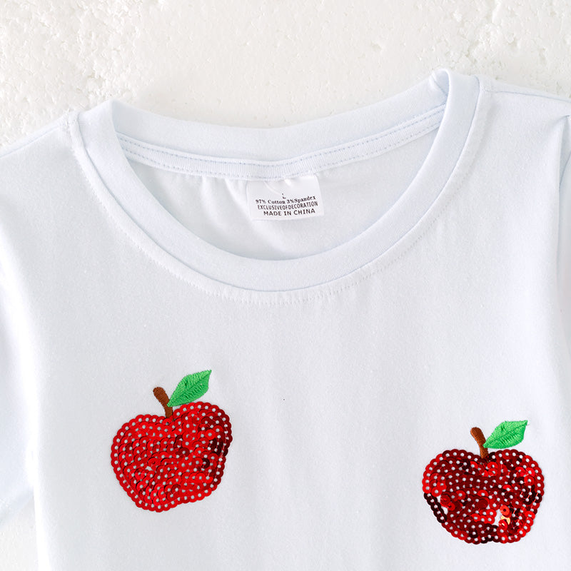 (In Stock)Girls Summer Back To School Apple Sequin Cotton Top