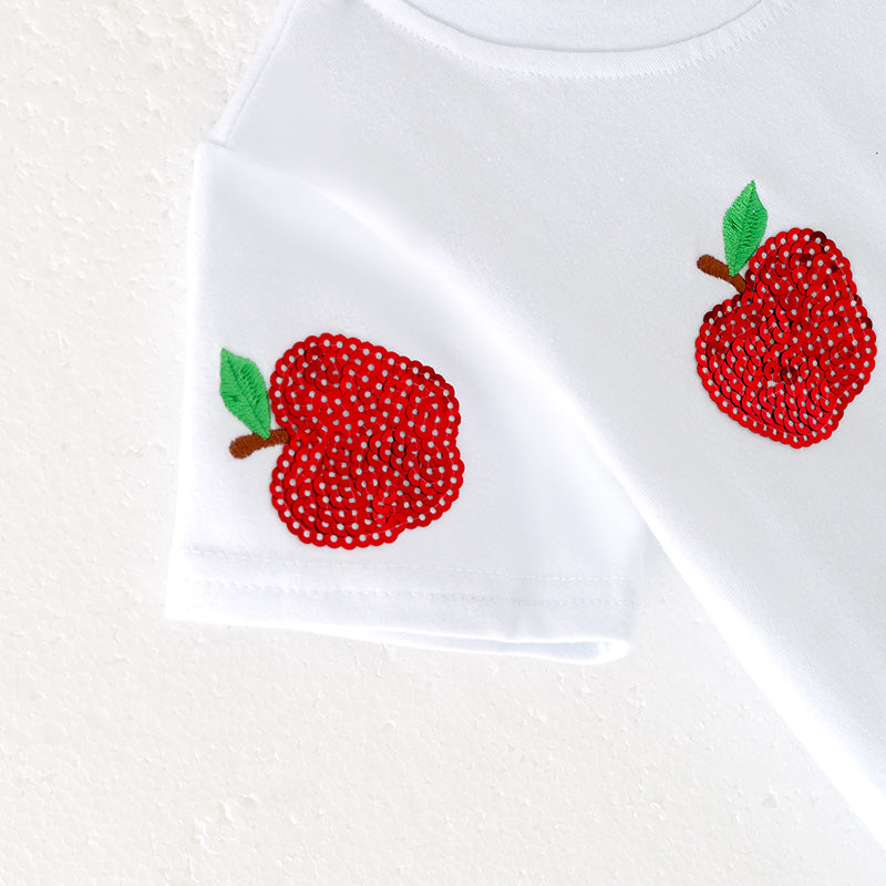 (In Stock)Girls Summer Back To School Apple Sequin Cotton Top