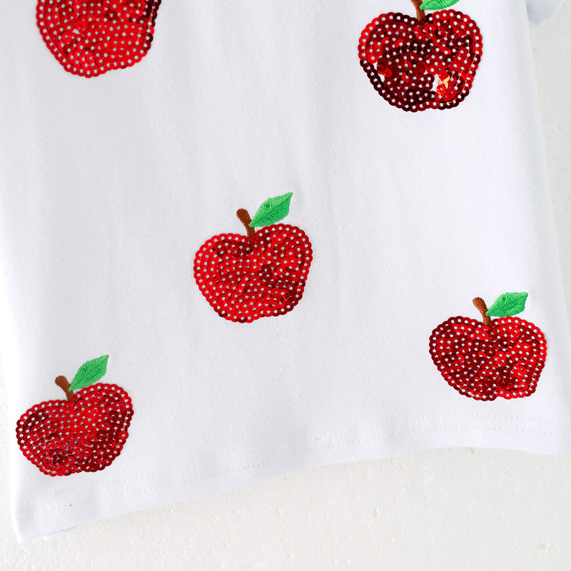 (In Stock)Girls Summer Back To School Apple Sequin Cotton Top