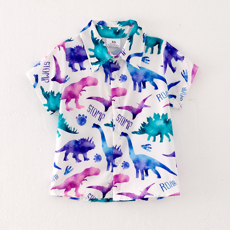 (In Stock E28-1-3)Boys Fall Cartoon Dinosaur Print Shirt