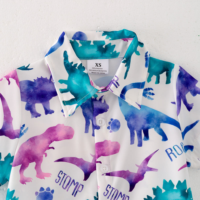 (In Stock E28-1-3)Boys Fall Cartoon Dinosaur Print Shirt