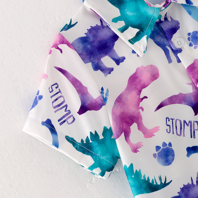 (In Stock E28-1-3)Boys Fall Cartoon Dinosaur Print Shirt