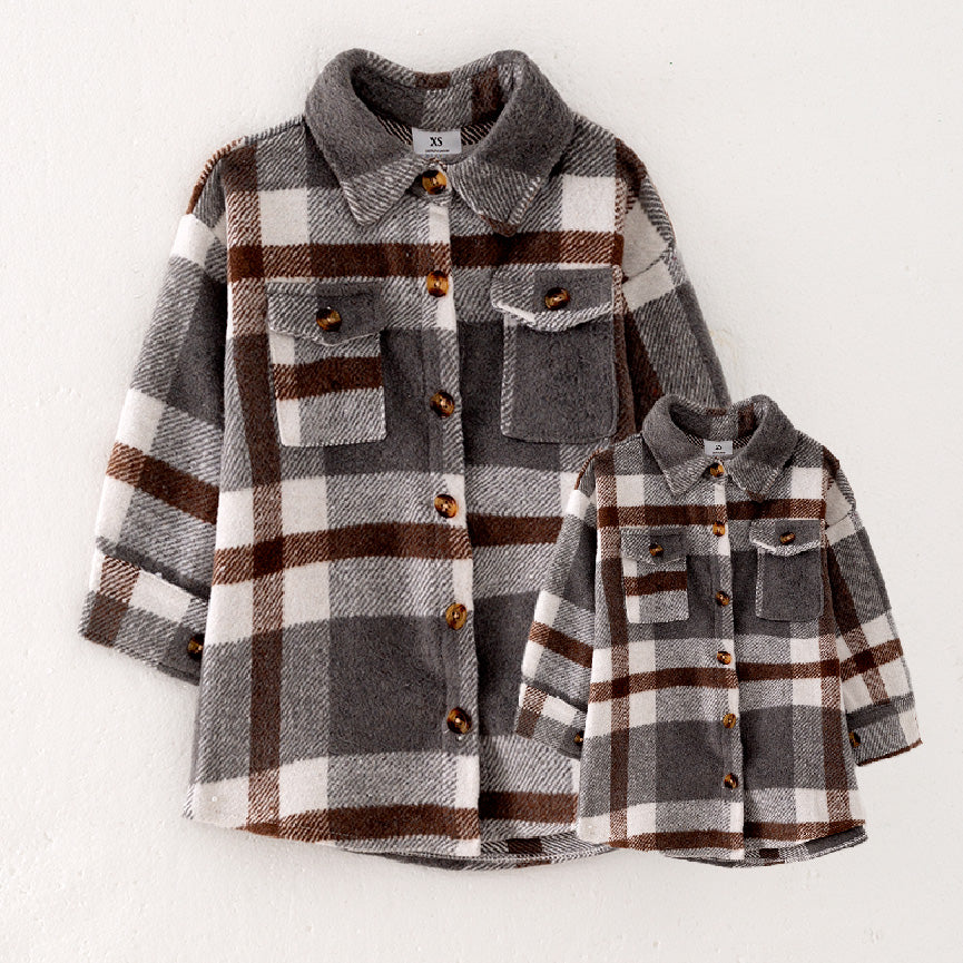 (In Stock E28-5-1)Mommy and Me Fall and Winter Long Plaid Coat