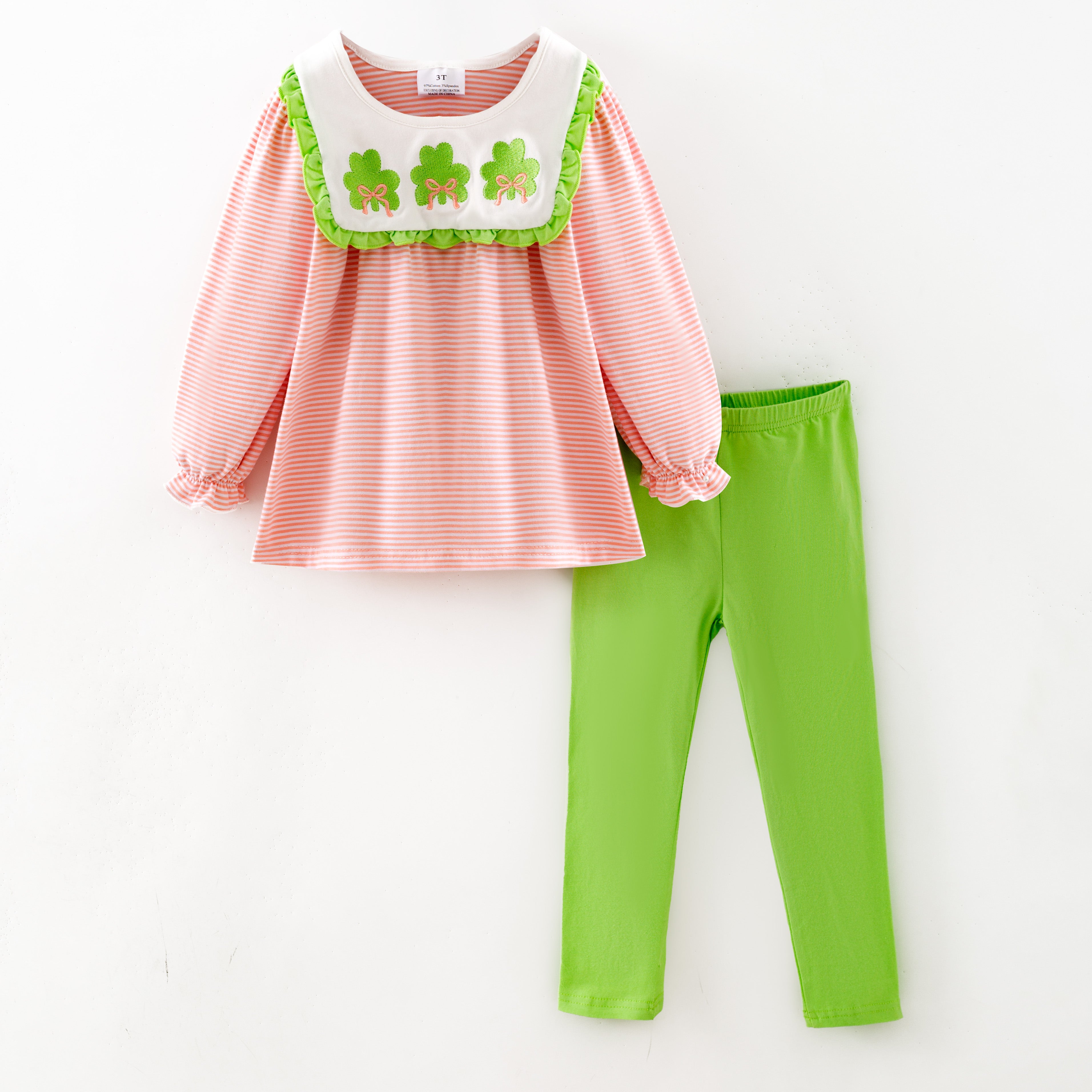 (In Stock)Girls St. Patrick's Day Shamrock Embroidery Cotton Outfit Set