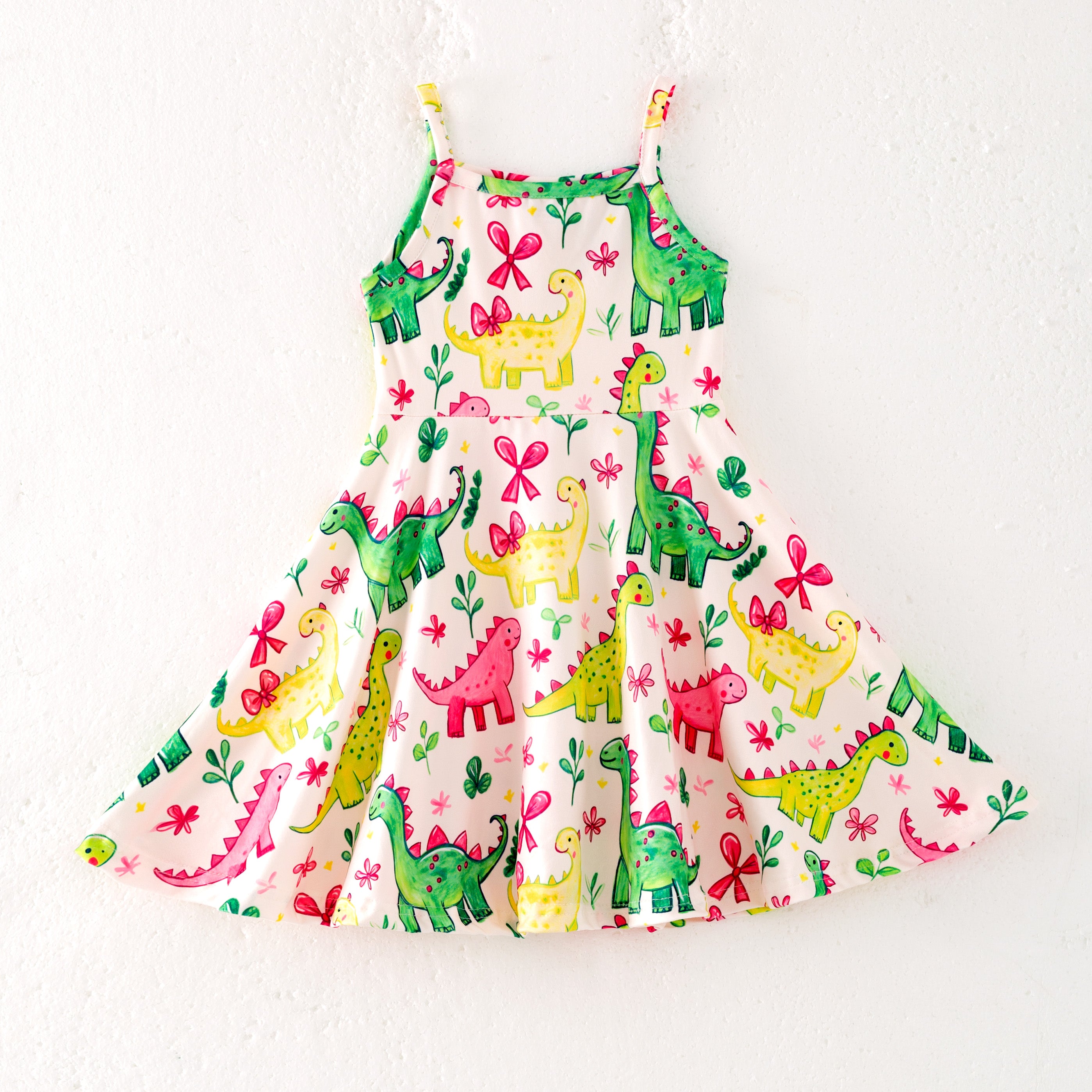 (Pre Order)Girls Spring and Summer Bow&Dinosaur Print Slip Dress