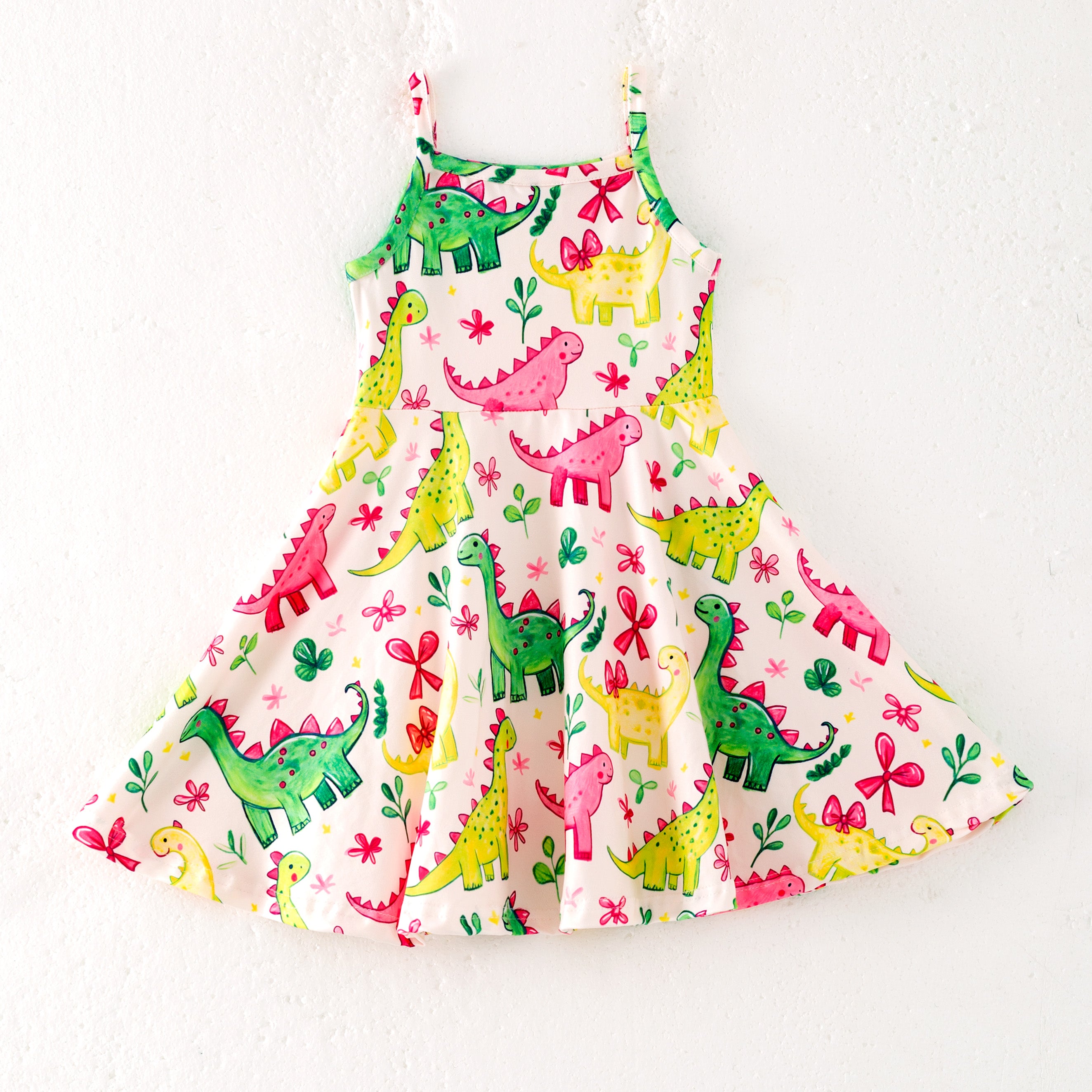 (Pre Order)Girls Spring and Summer Bow&Dinosaur Print Slip Dress