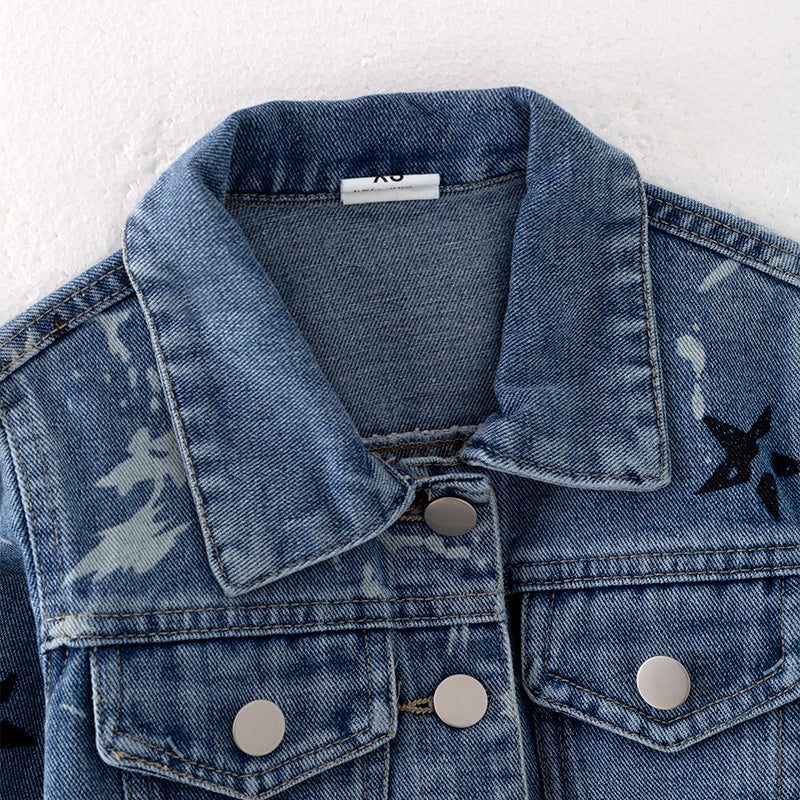 (In Stock E27-3-1)Girls Fall Star Print Blue Denim Jacket