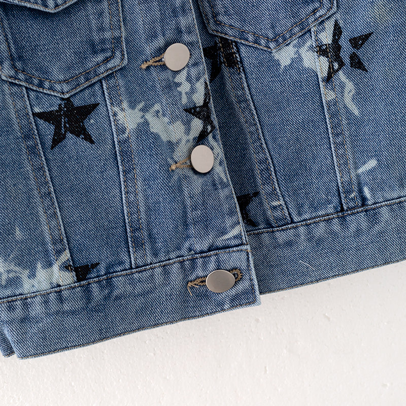 (In Stock E27-3-1)Girls Fall Star Print Blue Denim Jacket