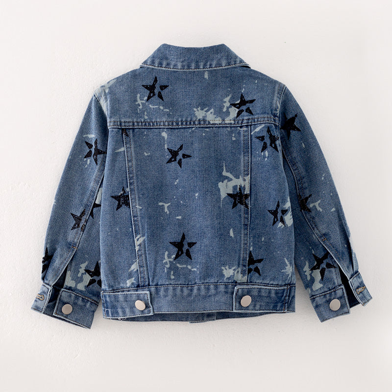 (In Stock E27-3-1)Girls Fall Star Print Blue Denim Jacket