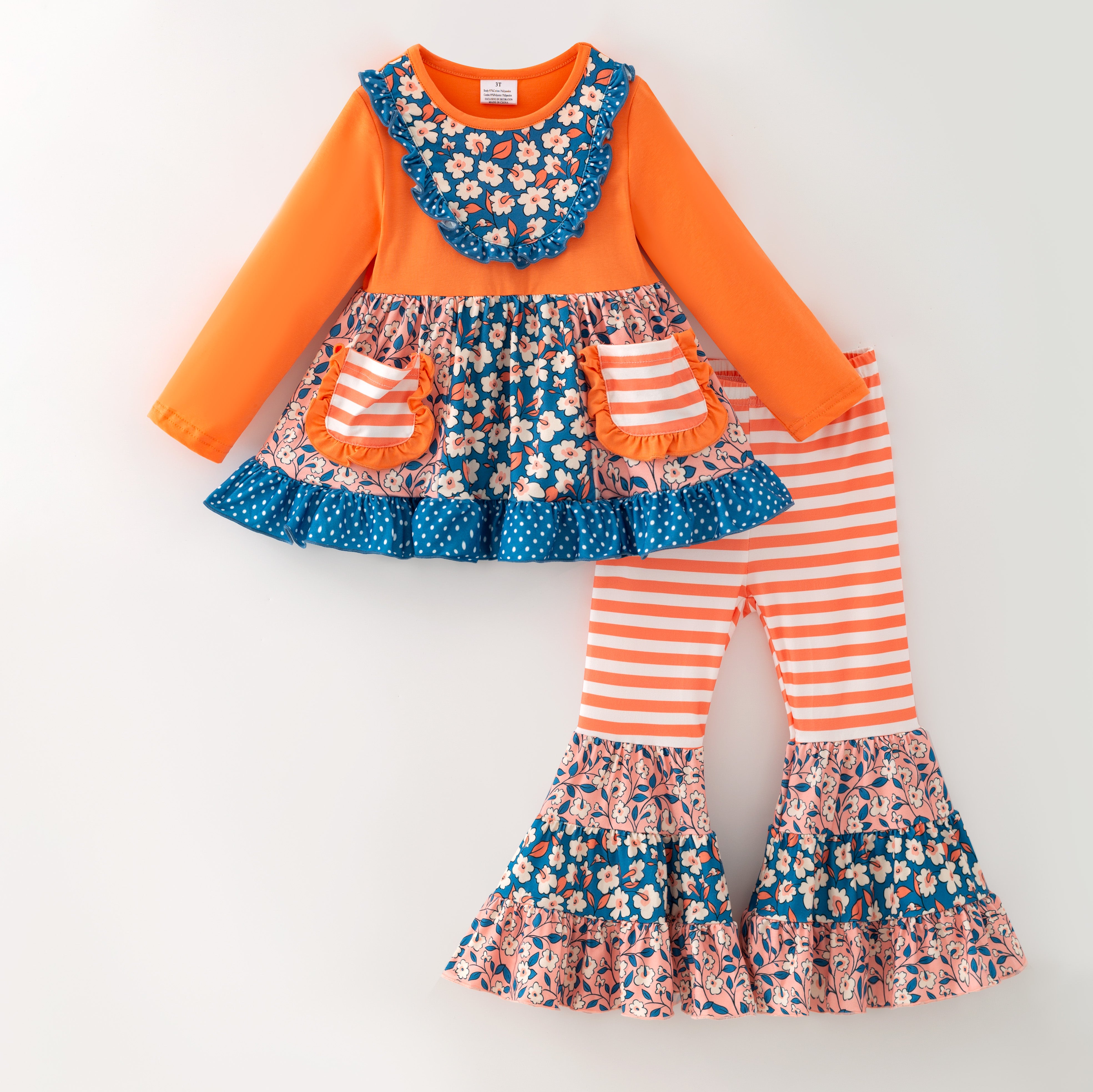 (In Stock)Girls Fall Floral Print Ruffle Outfit Set
