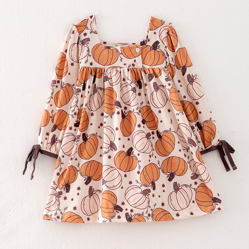 (In Stock)Girls Thanksgiving Pumpkin Print Dress