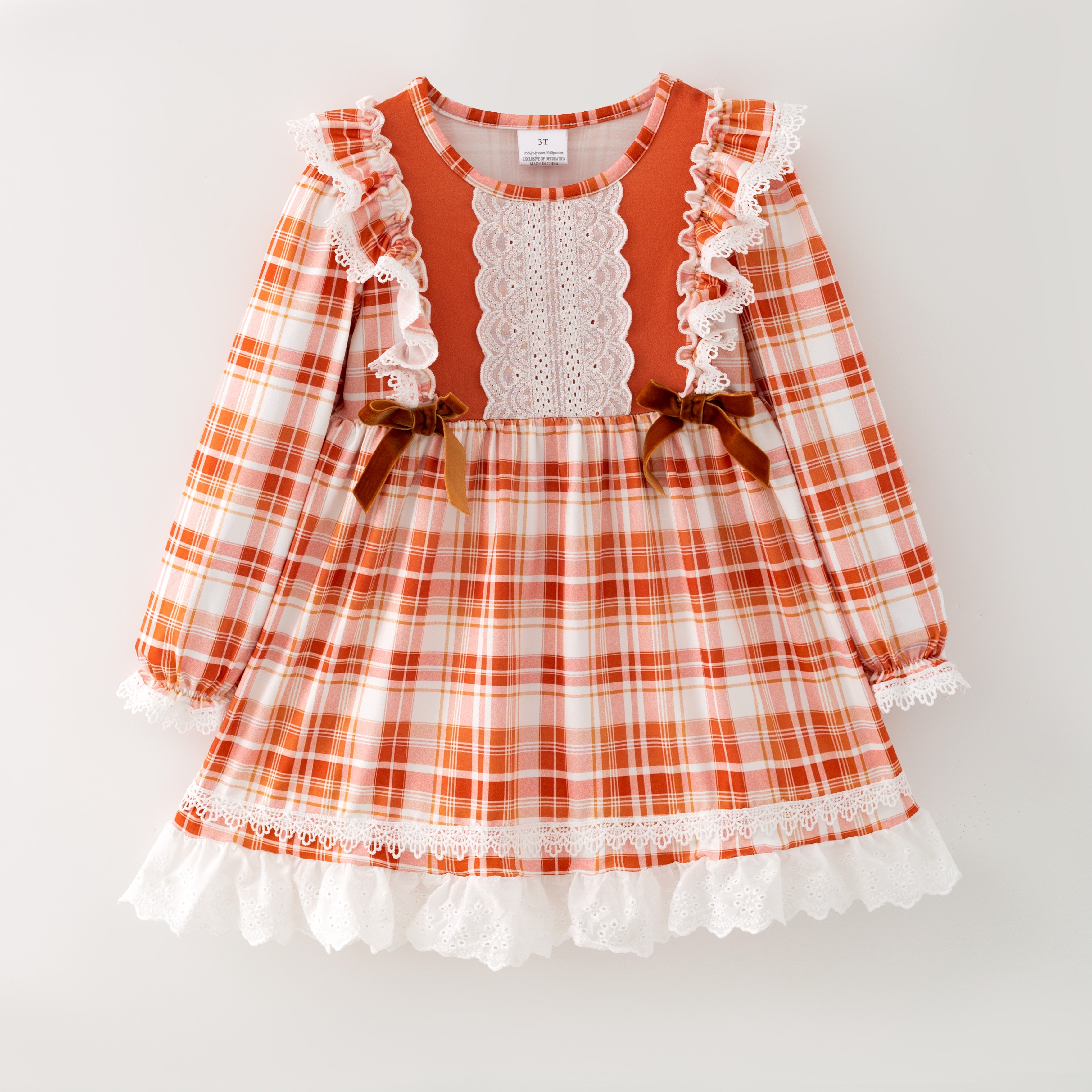 (In Stock)Girls Fall Plaid Lace Ruffle Dress