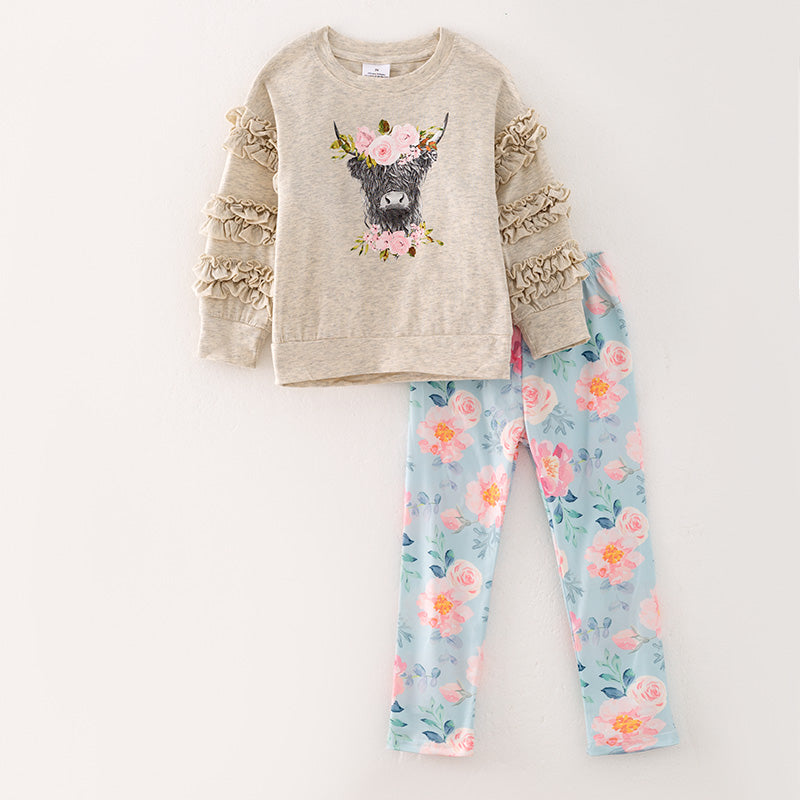 (In Stock Q10-4-2)Girls Fall Cattle Print Outfit Set