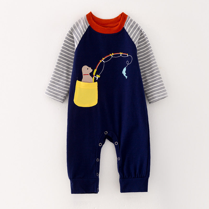 (In Stock Q10-3-1)Baby Boys Fall Fishing Dog Applique Romper