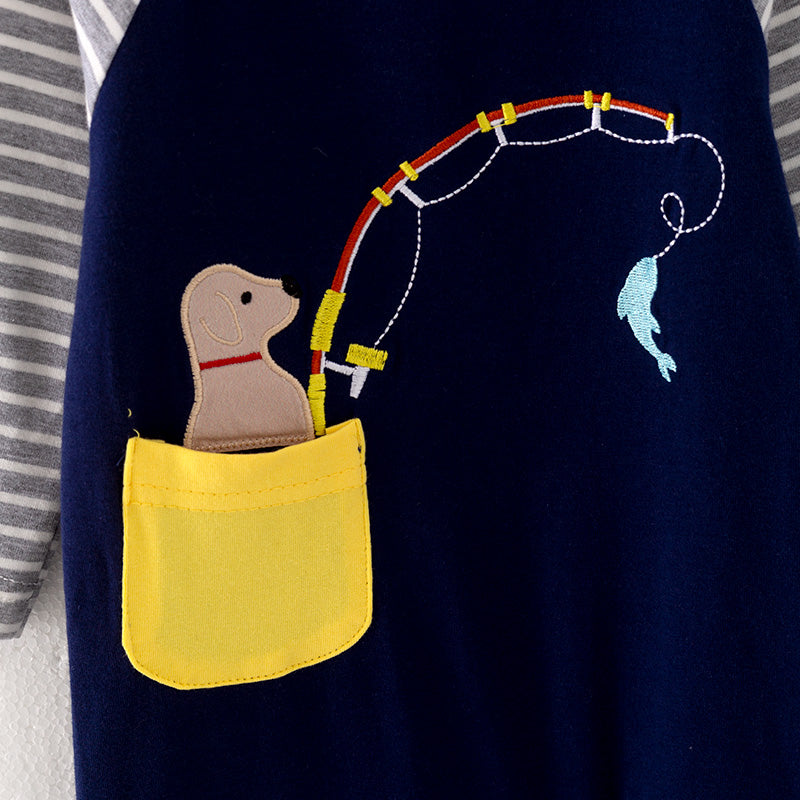 (In Stock Q10-3-1)Baby Boys Fall Fishing Dog Applique Romper
