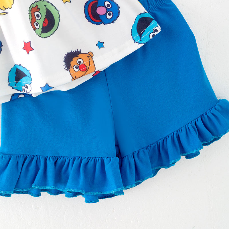 (In Stock)Girls Spring and Summer Cartoon Embroidery Shorts Set
