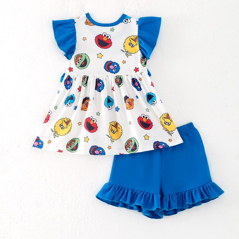 (In Stock)Girls Spring and Summer Cartoon Embroidery Shorts Set