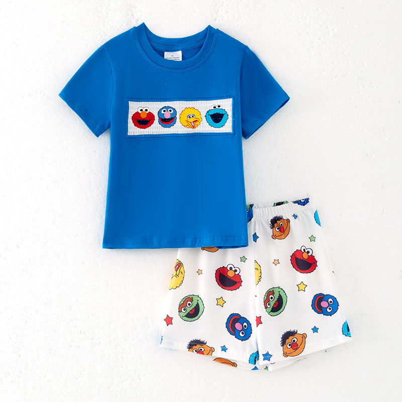 (In Stock)Boys Spring and Summer Cartoon Embroidery Smocked Shorts Set