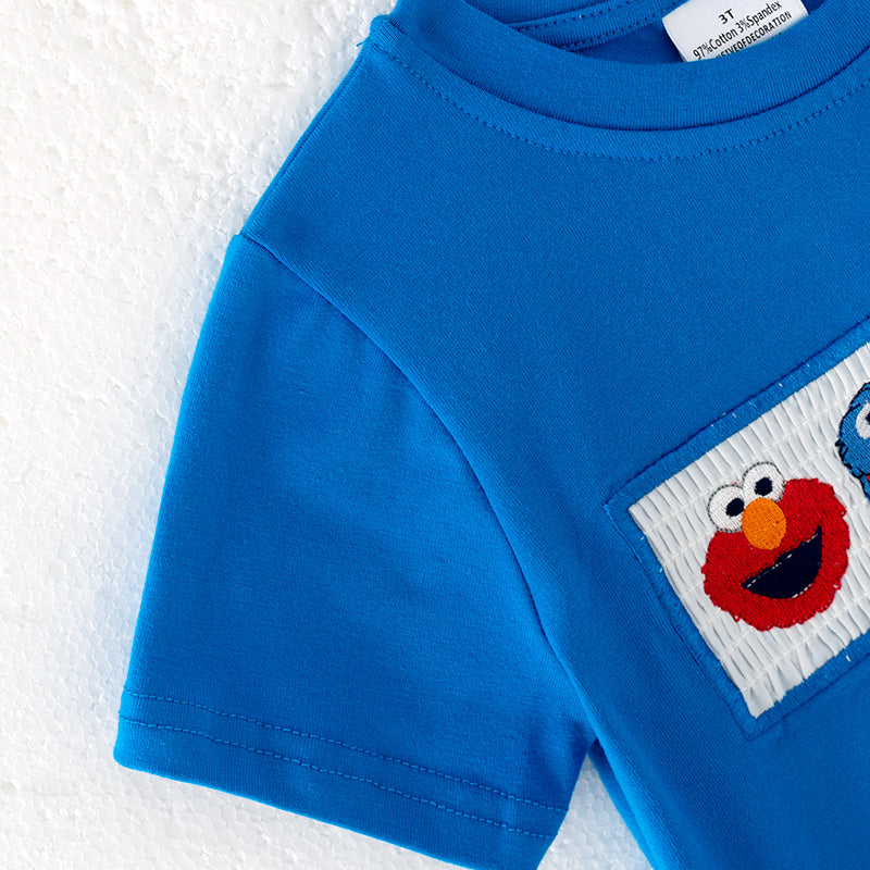 (In Stock)Boys Spring and Summer Cartoon Embroidery Smocked Shorts Set